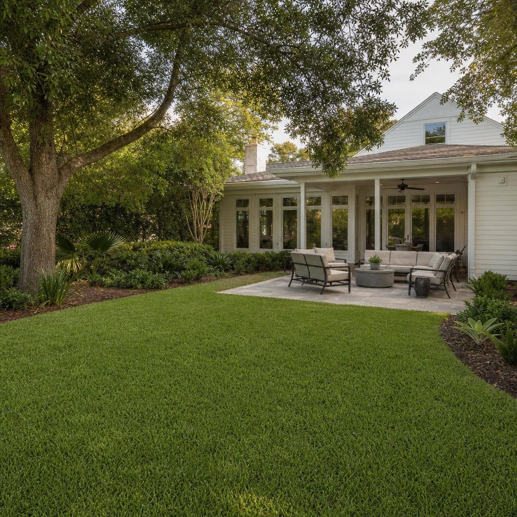 Charleston residential lawn and patio in a shaded lowcountry setting